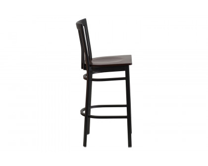 BLNK HERCULES Series Black Metal School House Back Restaurant Bar Stool with Wood Seat - Walnut