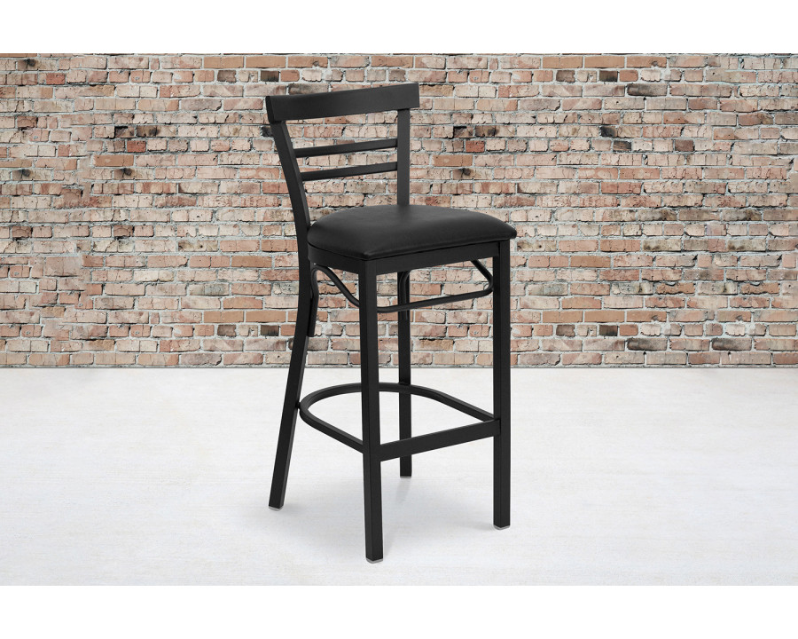 BLNK HERCULES Series Black Metal Two-Slat Ladder Back Restaurant Bar Stool with Vinyl Seat