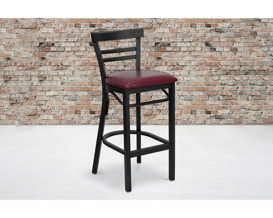 BLNK HERCULES Series Black Metal Two-Slat Ladder Back Restaurant Bar Stool with Vinyl Seat - Burgundy