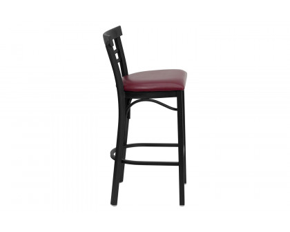 BLNK HERCULES Series Black Metal Two-Slat Ladder Back Restaurant Bar Stool with Vinyl Seat - Burgundy