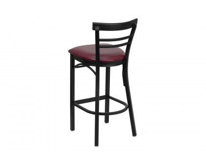 BLNK HERCULES Series Black Metal Two-Slat Ladder Back Restaurant Bar Stool with Vinyl Seat - Burgundy