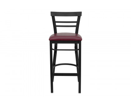 BLNK HERCULES Series Black Metal Two-Slat Ladder Back Restaurant Bar Stool with Vinyl Seat - Burgundy