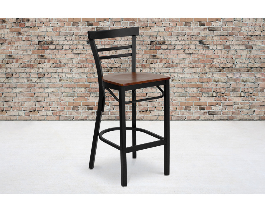 BLNK HERCULES Series Black Metal Two-Slat Ladder Back Restaurant Bar Stool with Wood Seat