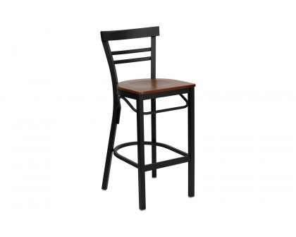 BLNK HERCULES Series Black Metal Two-Slat Ladder Back Restaurant Bar Stool with Wood Seat