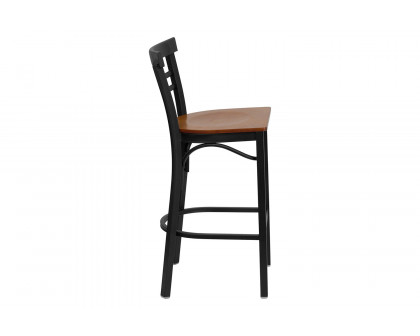 BLNK HERCULES Series Black Metal Two-Slat Ladder Back Restaurant Bar Stool with Wood Seat - Cherry