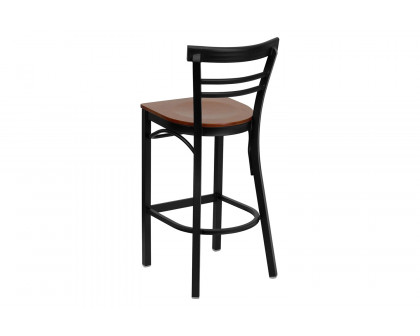 BLNK HERCULES Series Black Metal Two-Slat Ladder Back Restaurant Bar Stool with Wood Seat - Cherry