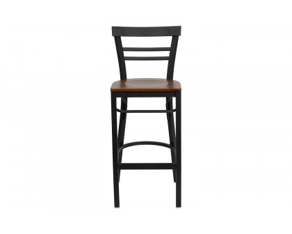 BLNK HERCULES Series Black Metal Two-Slat Ladder Back Restaurant Bar Stool with Wood Seat - Cherry