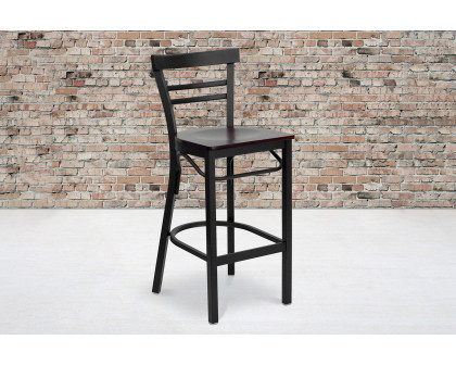 BLNK HERCULES Series Black Metal Two-Slat Ladder Back Restaurant Bar Stool with Wood Seat