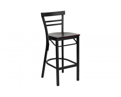 BLNK HERCULES Series Black Metal Two-Slat Ladder Back Restaurant Bar Stool with Wood Seat - Mahogany