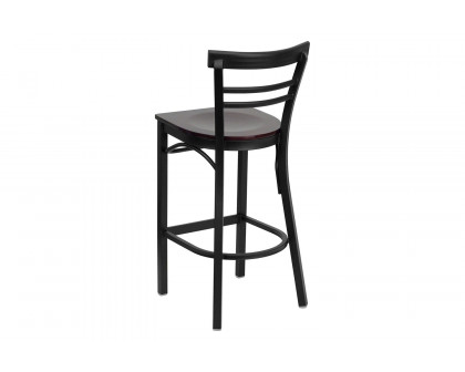 BLNK HERCULES Series Black Metal Two-Slat Ladder Back Restaurant Bar Stool with Wood Seat - Mahogany