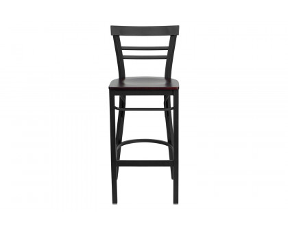 BLNK HERCULES Series Black Metal Two-Slat Ladder Back Restaurant Bar Stool with Wood Seat - Mahogany