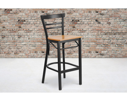 BLNK HERCULES Series Black Metal Two-Slat Ladder Back Restaurant Bar Stool with Wood Seat