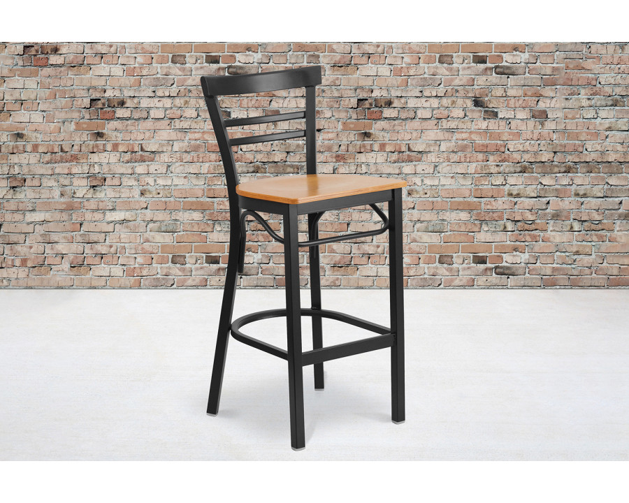 BLNK HERCULES Series Black Metal Two-Slat Ladder Back Restaurant Bar Stool with Wood Seat - Natural