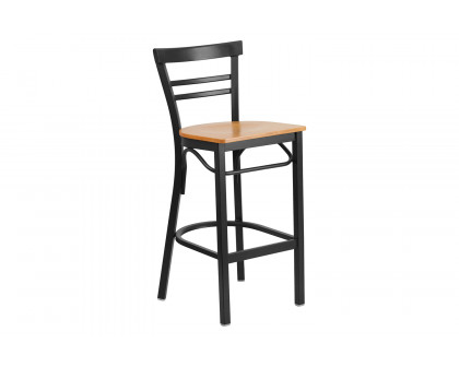 BLNK HERCULES Series Black Metal Two-Slat Ladder Back Restaurant Bar Stool with Wood Seat - Natural