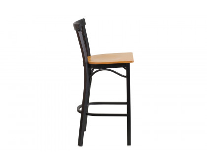 BLNK HERCULES Series Black Metal Two-Slat Ladder Back Restaurant Bar Stool with Wood Seat - Natural