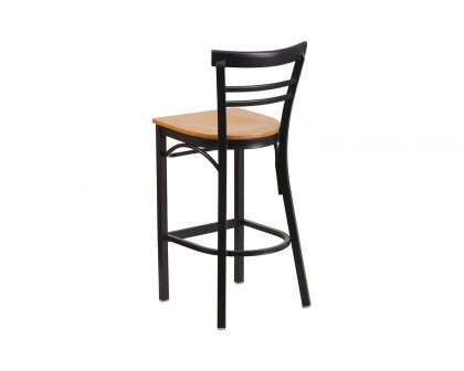 BLNK HERCULES Series Black Metal Two-Slat Ladder Back Restaurant Bar Stool with Wood Seat - Natural