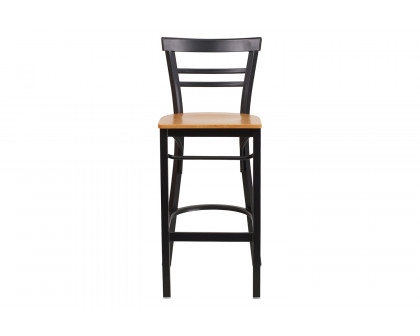 BLNK HERCULES Series Black Metal Two-Slat Ladder Back Restaurant Bar Stool with Wood Seat - Natural