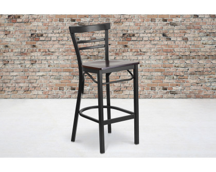 BLNK HERCULES Series Black Metal Two-Slat Ladder Back Restaurant Bar Stool with Wood Seat