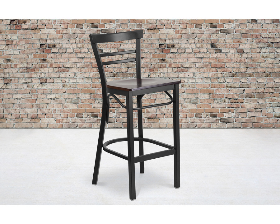 BLNK HERCULES Series Black Metal Two-Slat Ladder Back Restaurant Bar Stool with Wood Seat - Walnut