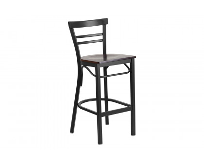 BLNK HERCULES Series Black Metal Two-Slat Ladder Back Restaurant Bar Stool with Wood Seat - Walnut