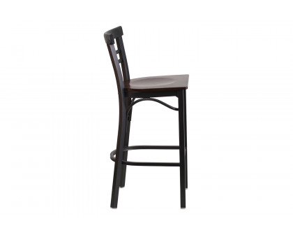 BLNK HERCULES Series Black Metal Two-Slat Ladder Back Restaurant Bar Stool with Wood Seat - Walnut