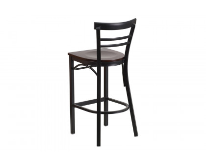 BLNK HERCULES Series Black Metal Two-Slat Ladder Back Restaurant Bar Stool with Wood Seat - Walnut