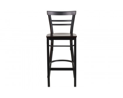 BLNK HERCULES Series Black Metal Two-Slat Ladder Back Restaurant Bar Stool with Wood Seat - Walnut