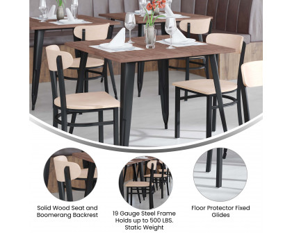 BLNK Wright Commercial Dining Chair with Black Steel Frame, Solid Wood Seat, and Boomerang Back - Natural Birch