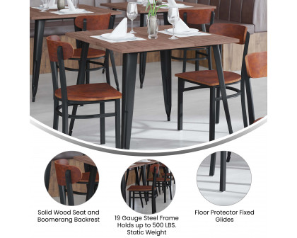 BLNK Wright Commercial Dining Chair with Black Steel Frame, Solid Wood Seat, and Boomerang Back - Walnut