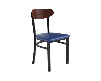 BLNK Wright Commercial Vinyl Dining Chair with Walnut Finish Wooden Boomerang Back - Blue