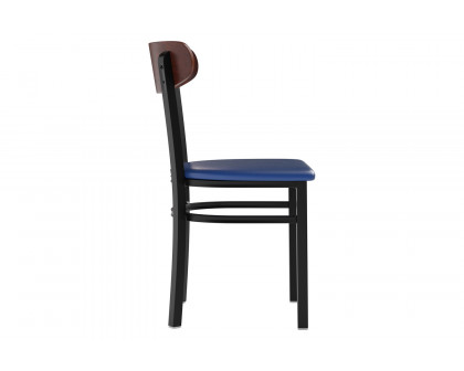 BLNK Wright Commercial Vinyl Dining Chair with Walnut Finish Wooden Boomerang Back - Blue