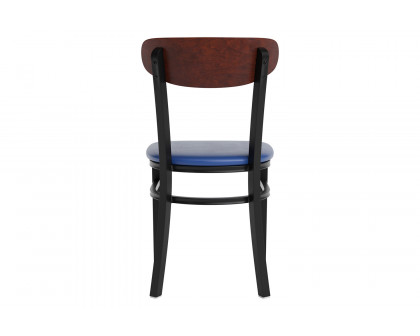 BLNK Wright Commercial Vinyl Dining Chair with Walnut Finish Wooden Boomerang Back - Blue