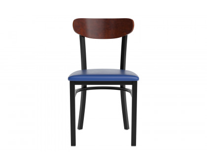 BLNK Wright Commercial Vinyl Dining Chair with Walnut Finish Wooden Boomerang Back - Blue