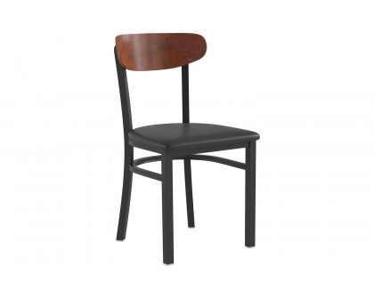 BLNK Wright Commercial Vinyl Dining Chair with Walnut Finish Wooden Boomerang Back - Black