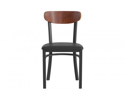 BLNK Wright Commercial Vinyl Dining Chair with Walnut Finish Wooden Boomerang Back - Black