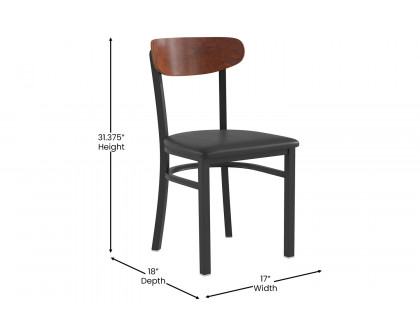 BLNK Wright Commercial Vinyl Dining Chair with Walnut Finish Wooden Boomerang Back - Black