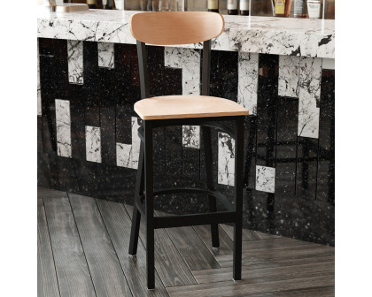 BLNK Wright Commercial Bar Stool Black Steel Frame with Wooden Boomerang Back and Solid Wood Seat