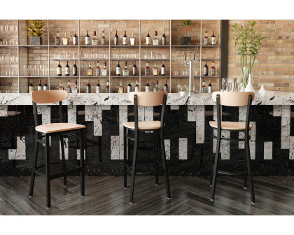 BLNK Wright Commercial Bar Stool Black Steel Frame with Wooden Boomerang Back and Solid Wood Seat - Natural Birch