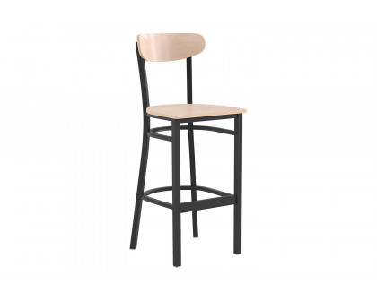 BLNK Wright Commercial Bar Stool Black Steel Frame with Wooden Boomerang Back and Solid Wood Seat - Natural Birch