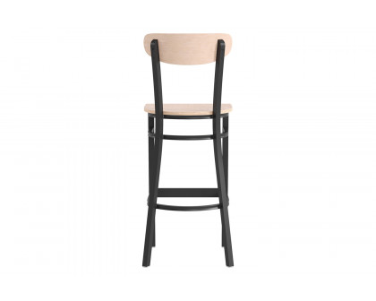 BLNK Wright Commercial Bar Stool Black Steel Frame with Wooden Boomerang Back and Solid Wood Seat - Natural Birch