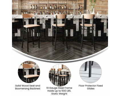 BLNK Wright Commercial Bar Stool Black Steel Frame with Wooden Boomerang Back and Solid Wood Seat - Natural Birch