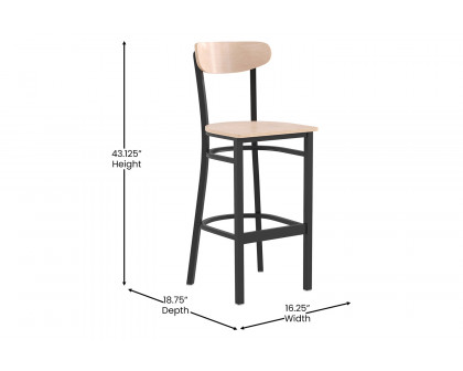 BLNK Wright Commercial Bar Stool Black Steel Frame with Wooden Boomerang Back and Solid Wood Seat - Natural Birch