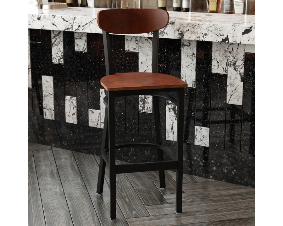 BLNK Wright Commercial Bar Stool Black Steel Frame with Wooden Boomerang Back and Solid Wood Seat