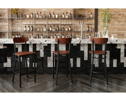 BLNK Wright Commercial Bar Stool Black Steel Frame with Wooden Boomerang Back and Solid Wood Seat