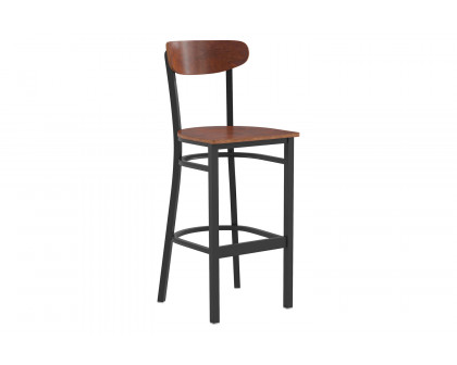 BLNK Wright Commercial Bar Stool Black Steel Frame with Wooden Boomerang Back and Solid Wood Seat - Walnut