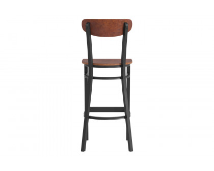 BLNK Wright Commercial Bar Stool Black Steel Frame with Wooden Boomerang Back and Solid Wood Seat - Walnut