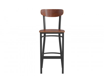 BLNK Wright Commercial Bar Stool Black Steel Frame with Wooden Boomerang Back and Solid Wood Seat - Walnut