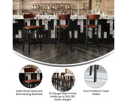 BLNK Wright Commercial Bar Stool Black Steel Frame with Wooden Boomerang Back and Solid Wood Seat - Walnut