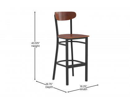 BLNK Wright Commercial Bar Stool Black Steel Frame with Wooden Boomerang Back and Solid Wood Seat - Walnut