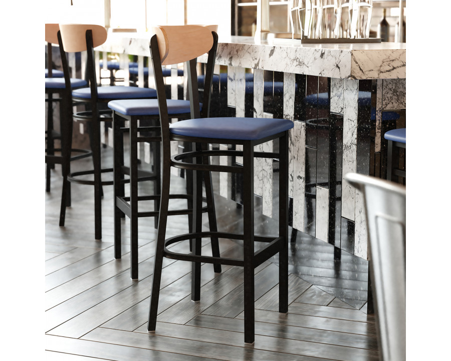 BLNK Wright Commercial Bar Stool Black Steel Frame with Natural Birch Finish Wooden Boomerang Back and Vinyl Seat - Blue